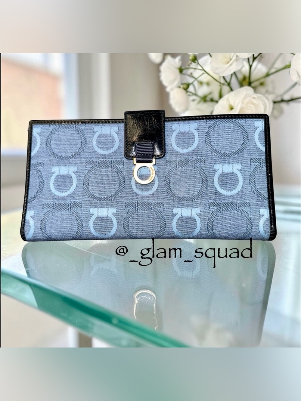 Salvatore Ferragamo with COA EUC Black and Blue Patterned Canvas Wallet